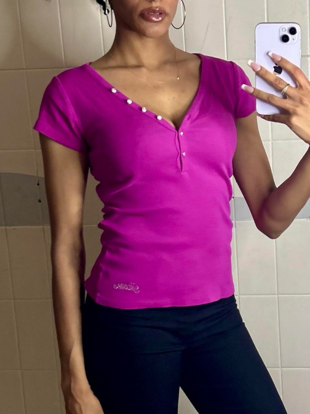 Guess Hot Pink Rhinestone Henley Top